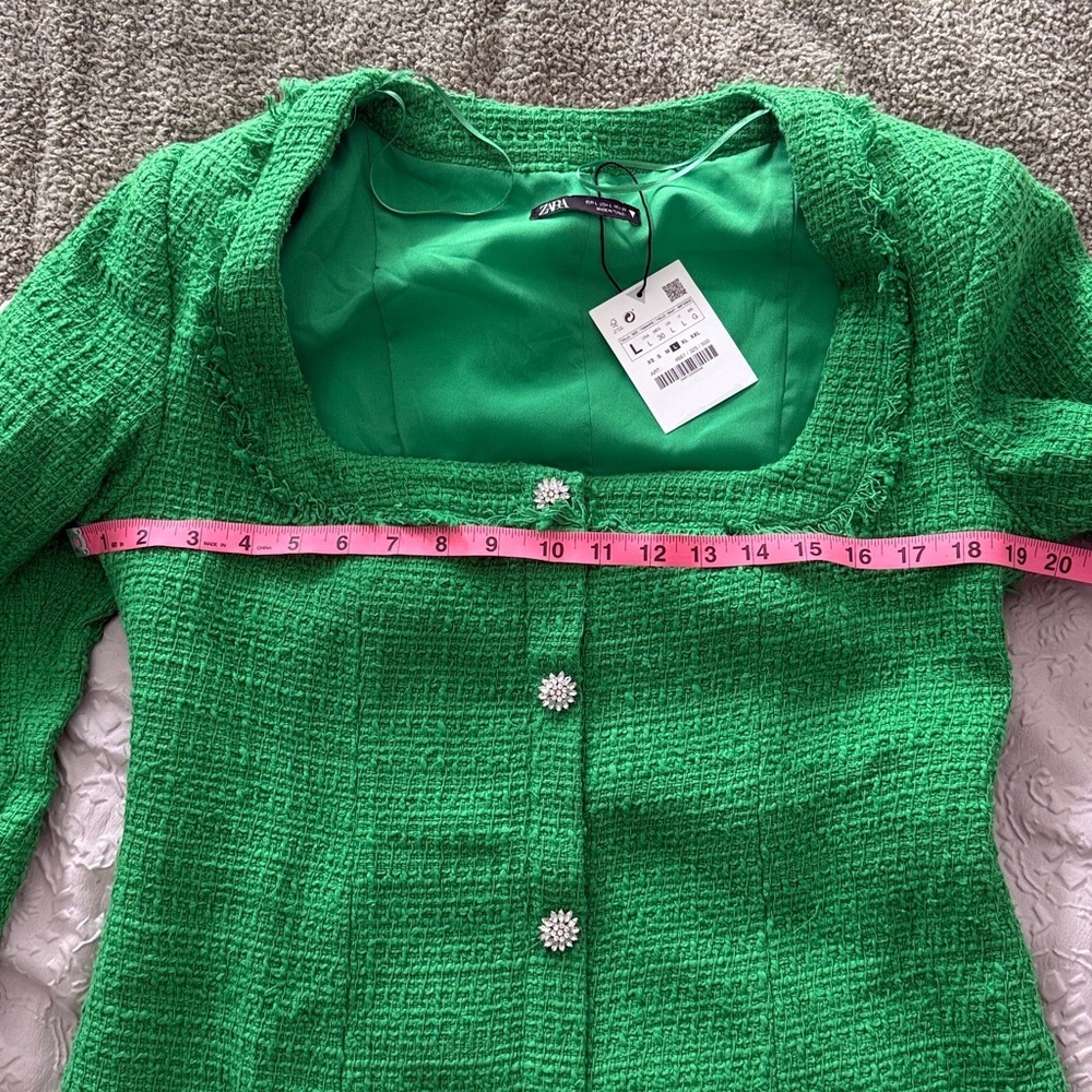 Zara Tweed Boucle squared neck long sleeves Jewel Buttons Green Dress Sz Large - Picture 10 of 15